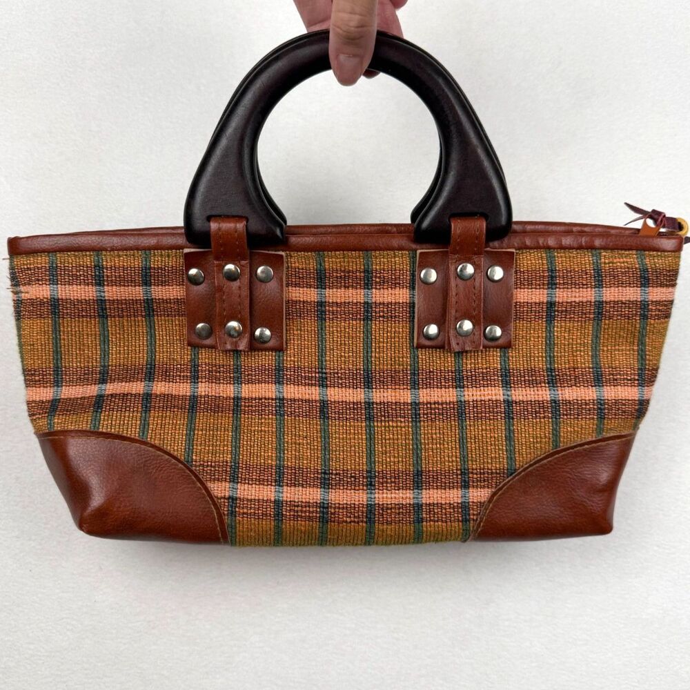 Vintage Woven Plaid Wood Handle Purse Tweed Top Handle Bag Retro 70s Midcentury
